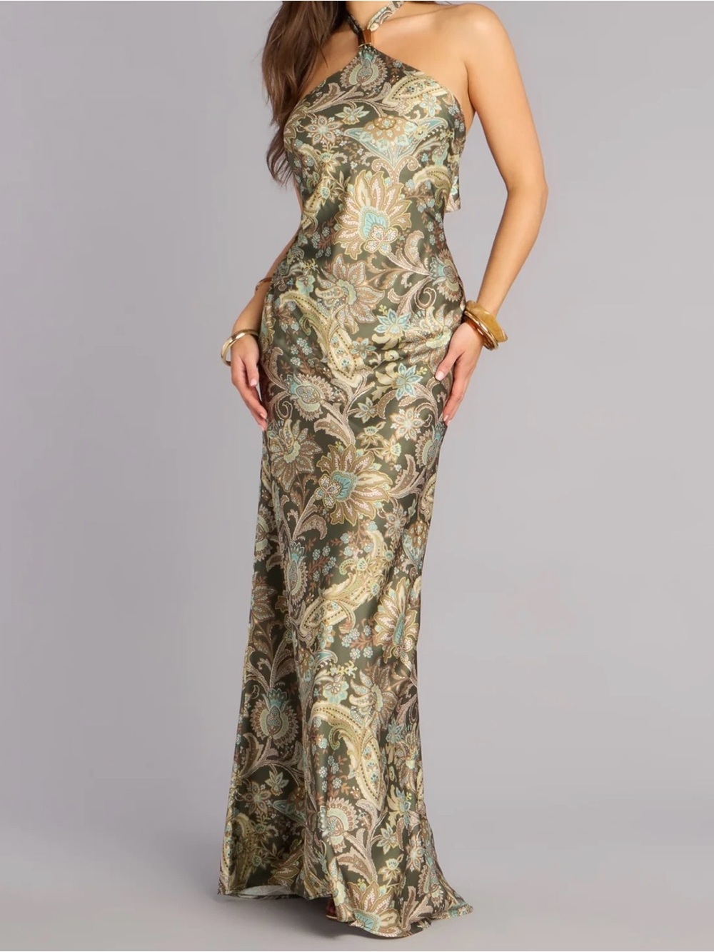 High Neck Paisley Evening Gown in Olive and Gold